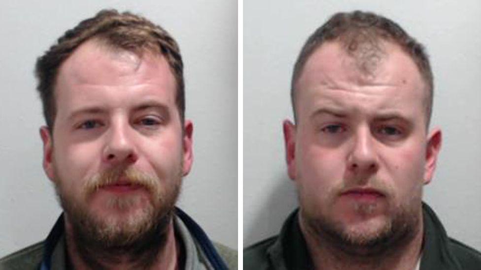 Police mugshots of two brothers in their late twenties, both with short hair and beards