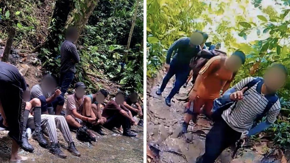 A composite image showing two photos taken by another deported Indian migrant, Manni Sharma. The first shows migrants with their faces blurred, pausing by a river in the jungle. The second shows them, faces blurred again, hiking along a muddy path, carrying their backpacks.