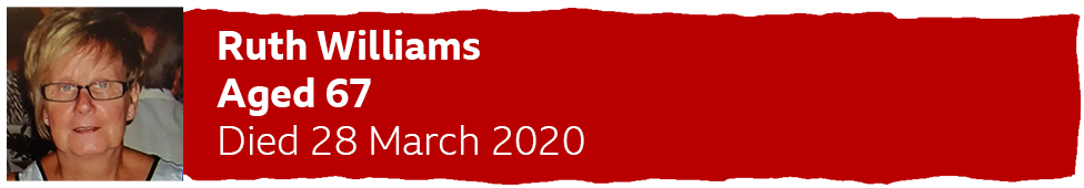 Red banner which says - Ruth Williams - Aged 67 - Died 28 March 2020. 
There is the image of a woman with cropped blonde hair and glasses looking at the camera.
