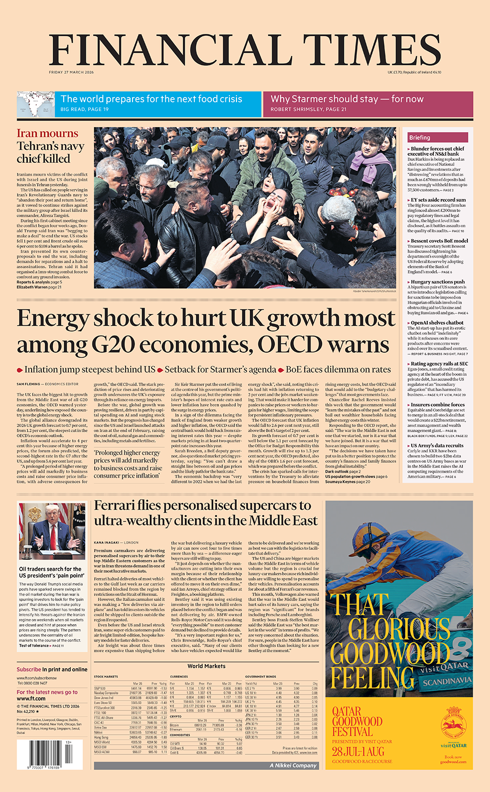 “Shoku energjitik do ta dëmtojë më shumë rritjen e Mbretërisë së Bashkuar midis ekonomive të G20, paralajmëron OECD”, thuhet në titullin kryesor në faqen e parë të Financial Times.