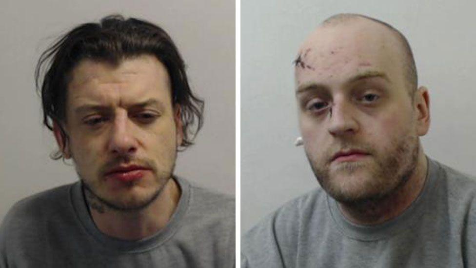Mugshots of Martin McCusker and Dale Russell. McCusker has long dark hair slicked back and a neck tattoo. Russell has a shaved head, a short, fair beard and cuts on his nose and forehead. He appears to have a white object wadded in one of his ears.
