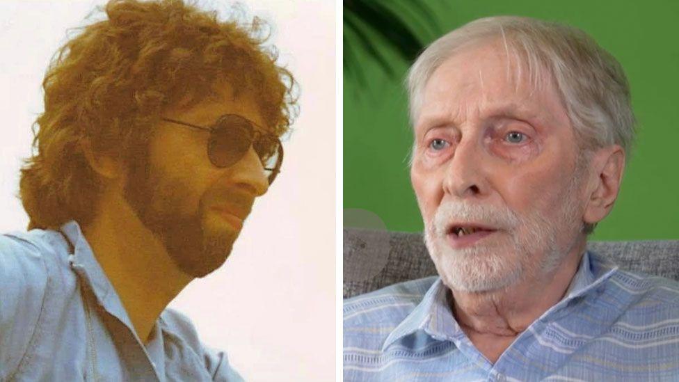 Dave as a younger man with a brown beard, donning aviators, alongside a picture of him today as a 78-year-old with white hair.
