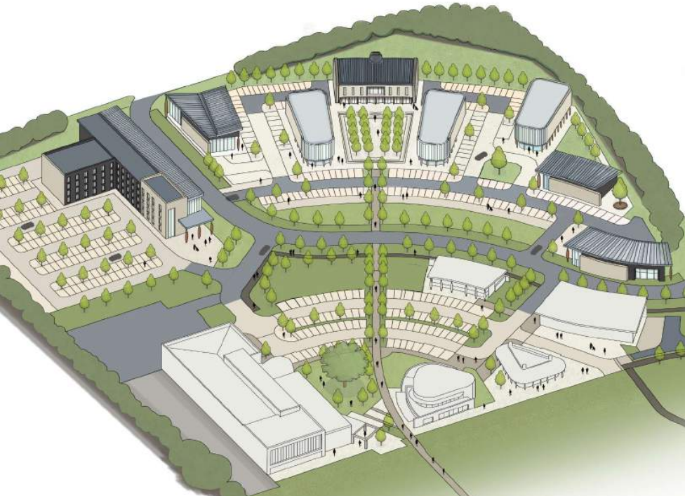 A 3D aerial view of the existing and proposed buildings at Everards Meadows, with the new hotel on the left of the plan and new offices to the top.