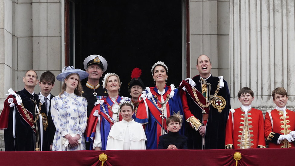 After the Coronation, members of the Royal Family watched a flypast from the Palace balcony, including The Duke and Duchess of Edinburgh, the Princess Royal, the Prince and Princess of Wales and Princess Charlotte, Prince Louis and Prince George. 
