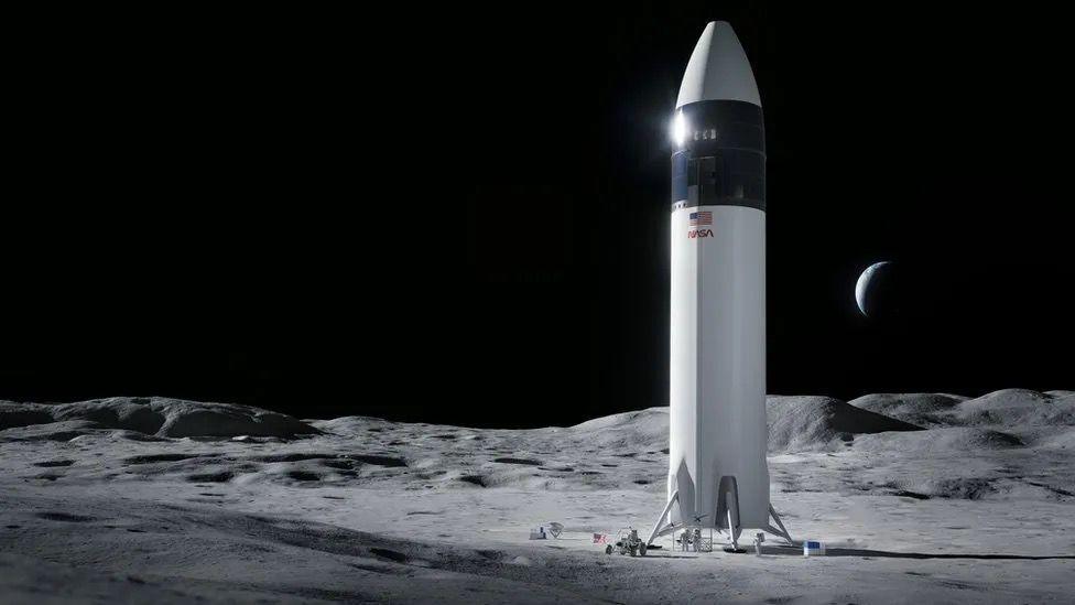 An artistic rendering of Starship on the Moon bearing the USA flag.