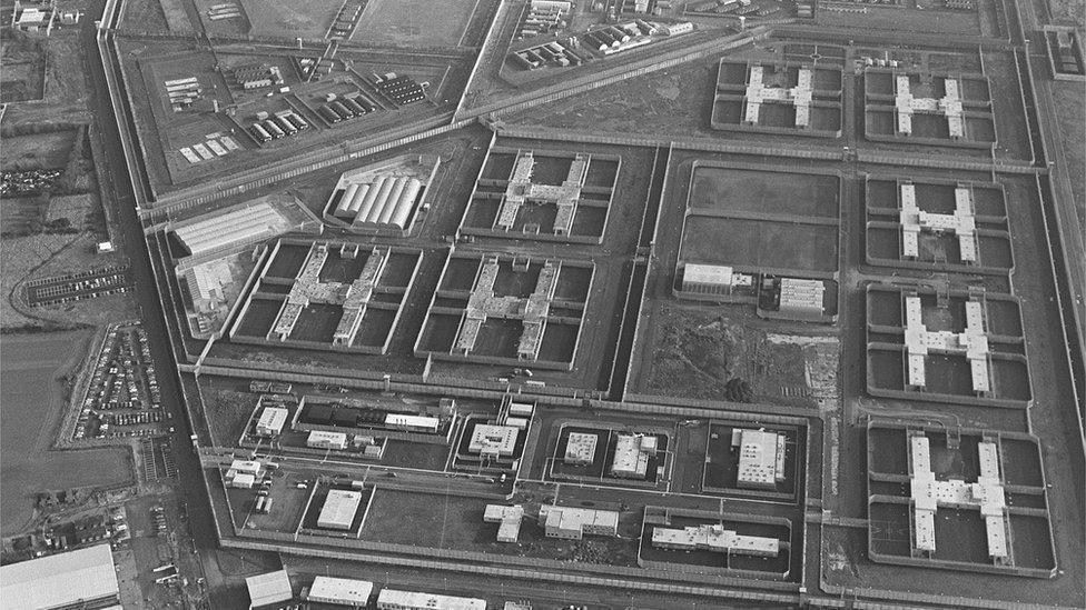 The H-blocks of the maze prison, named for their shape, are seen from overhead in a photo taken in the 1980s