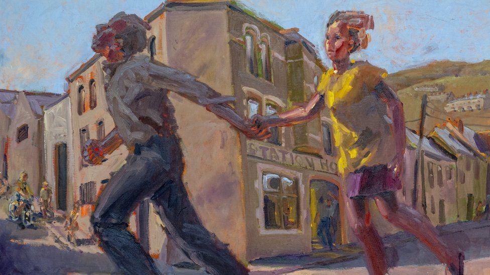 Mae'r llun enwog 'Running Away with the Hairdresser' yn ddelwedd o ddau ffigwr yn rhedeg ar hyd stryd teras