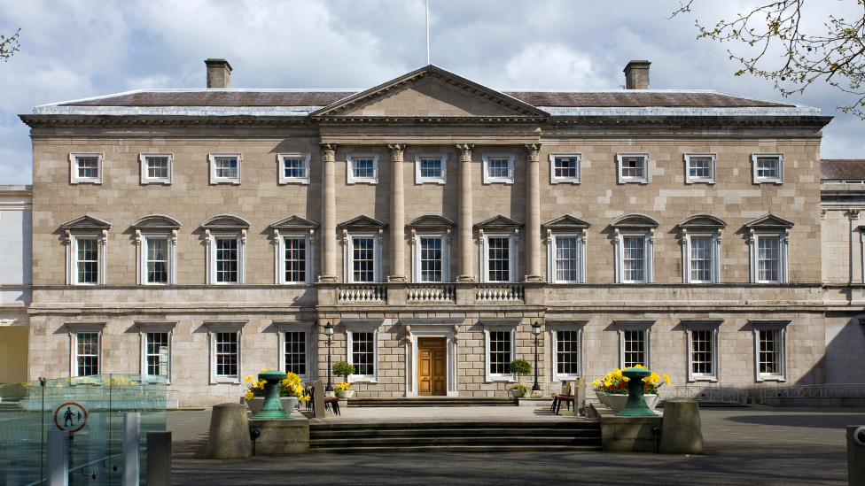 Government Buildings on Kildare Street in Dublin 
Large brick building with large flowerpots either side of entrance with yellow flowers