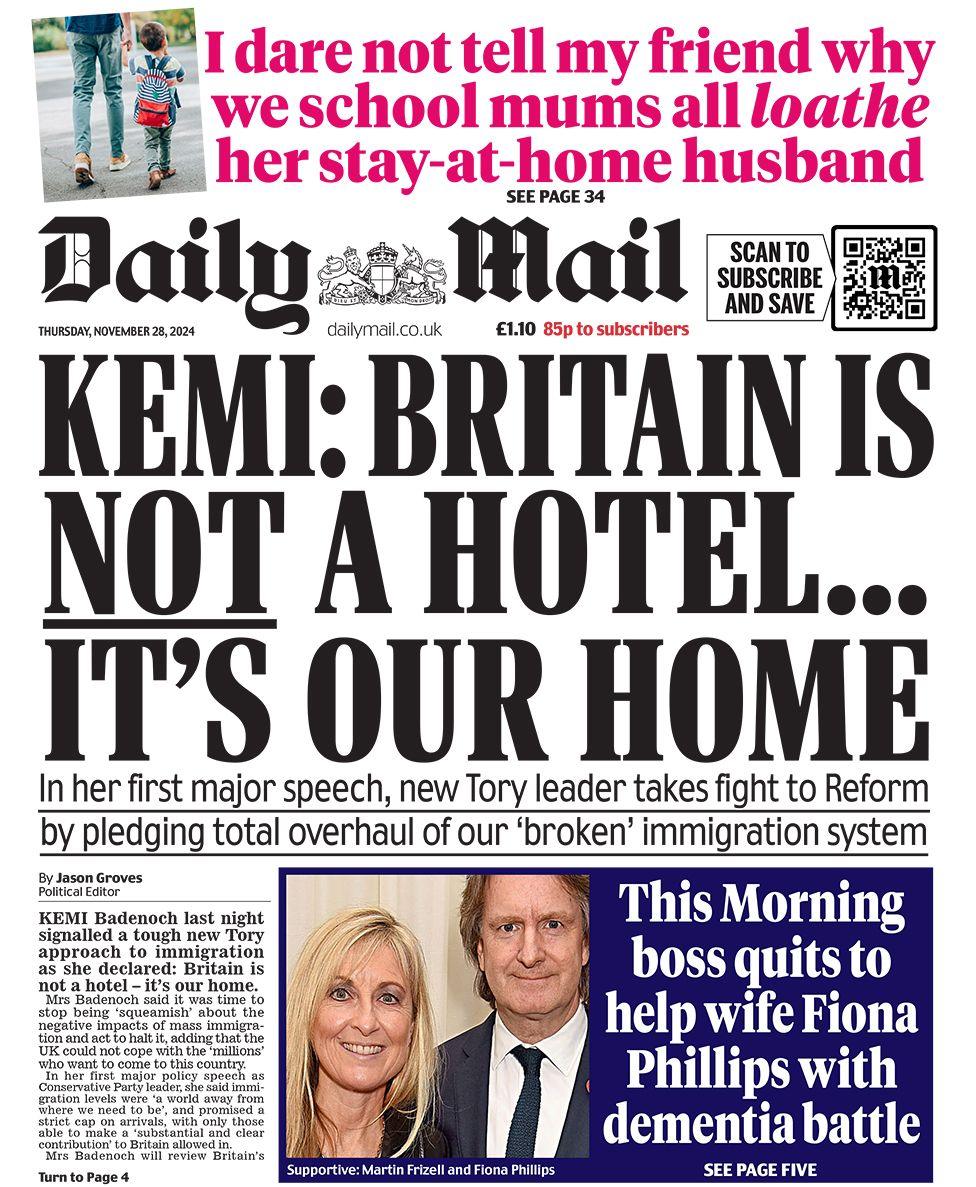 The headline in the Daily Mail reads: "Kemi: Britain is not a hotel... it's our home"