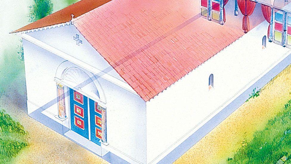 A close-up of an artist's impression of a 4th Century Roman building in Colchester. It shows a white single storey building with a terracotta roof. Its entrance door at the west end is arched. The artist has shown the interior of the building at the east 
