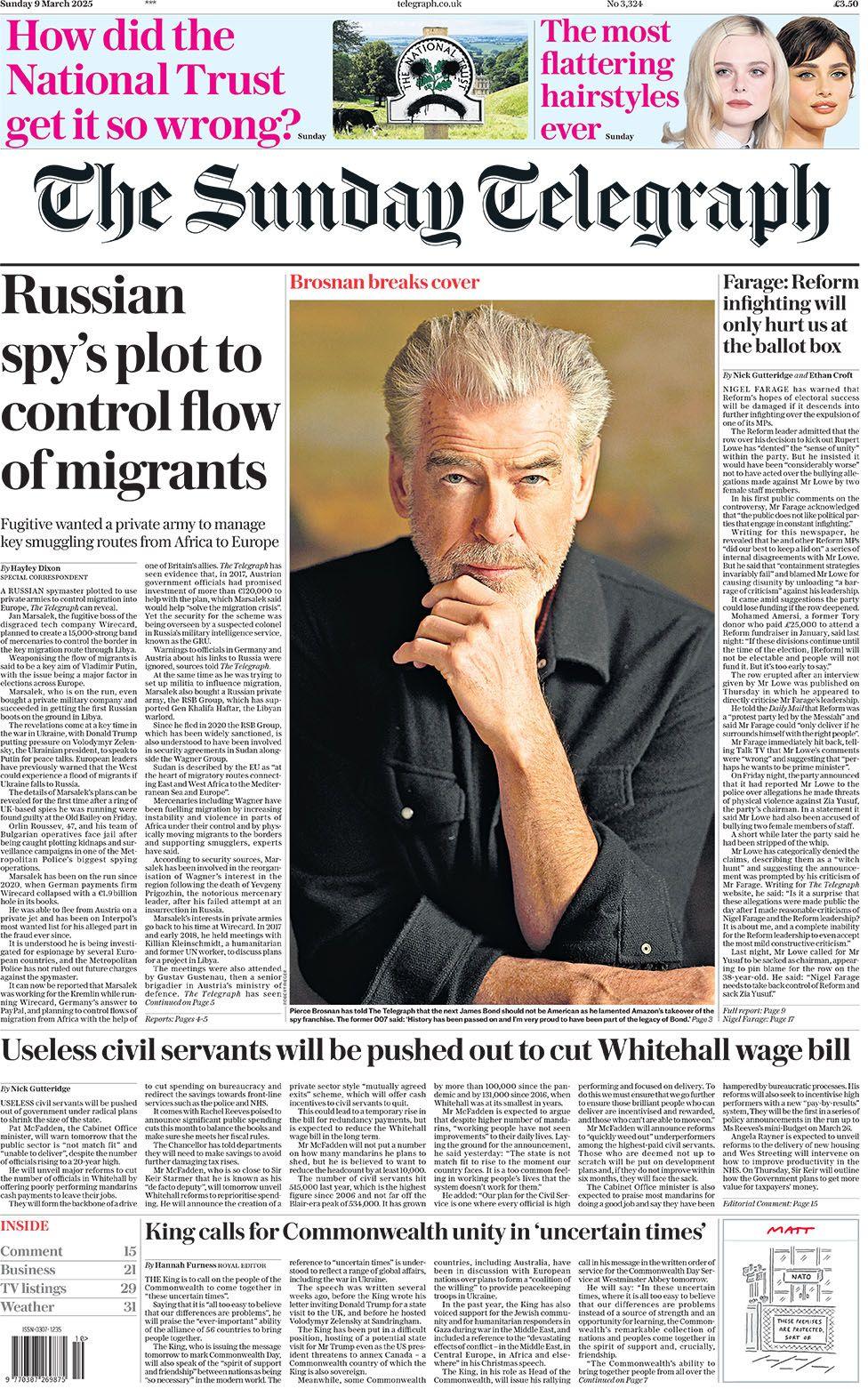 Sunday Telegraph headline reads: Russian spy's plot to control flow of migrants