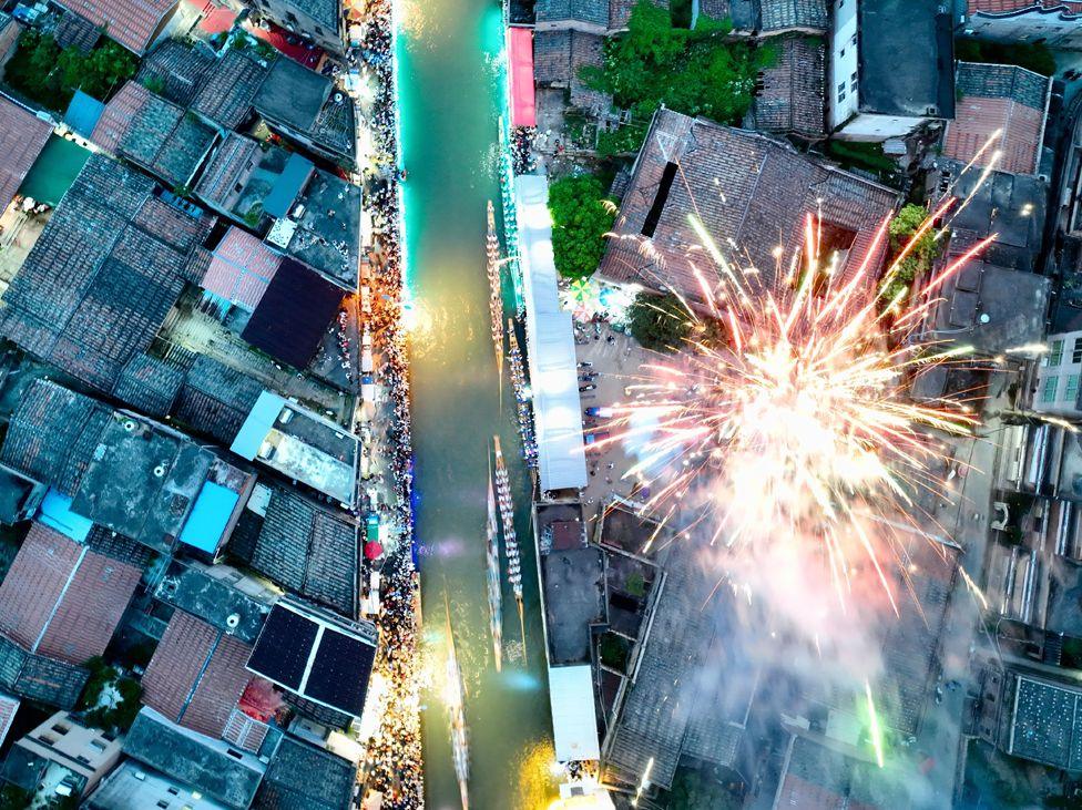 An aerial view shows a dragon boat race in China's Fujian Province