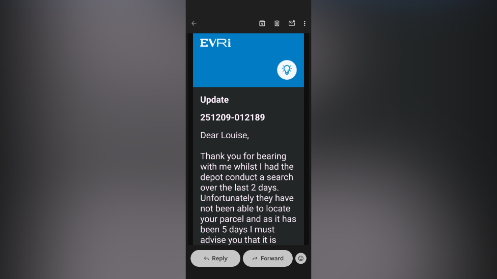 A screenshot of a message from Evri on an app. It says that they've searched for a parcel for two days, but "unfortunately" they could not locate it. 