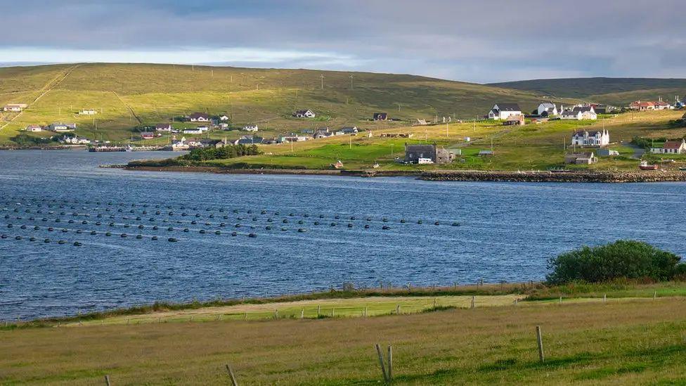 Hills and houses in Shetland, with body of water in the foreground.