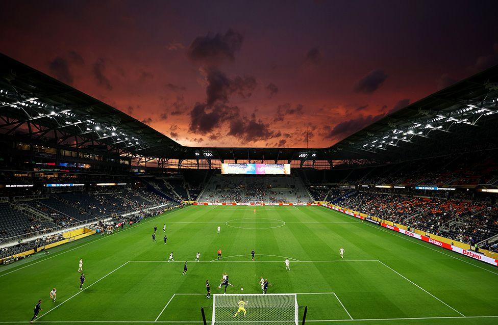Inside the stadium at dusk as Salzburg's Karim Onisiwo scores his team's second goal during the FIFA Club World Cup match with Pachuca in Cincinnati. Photo by Michael Regan