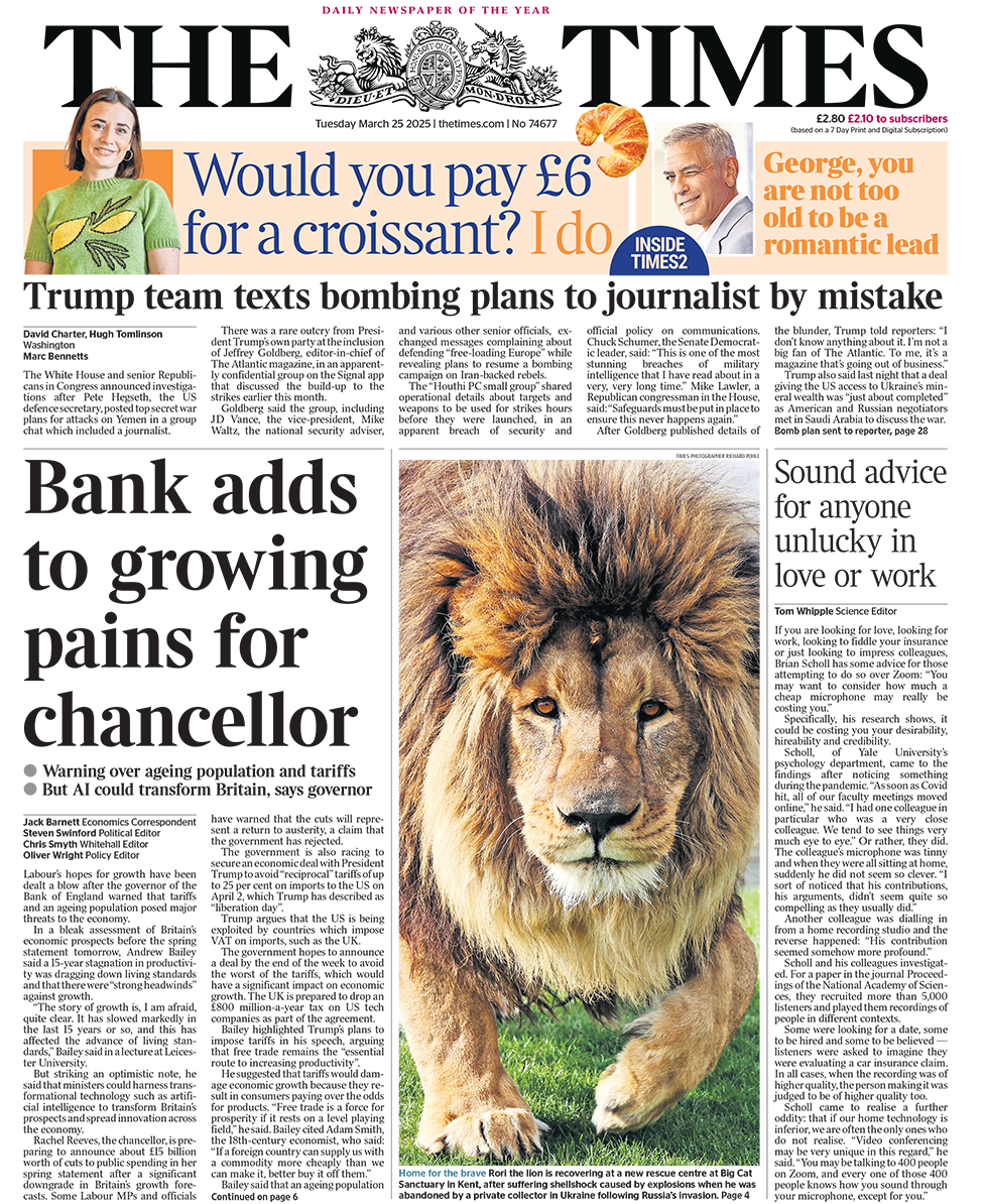 The Times with headline: "Bank adds to growing pains for chancellor"