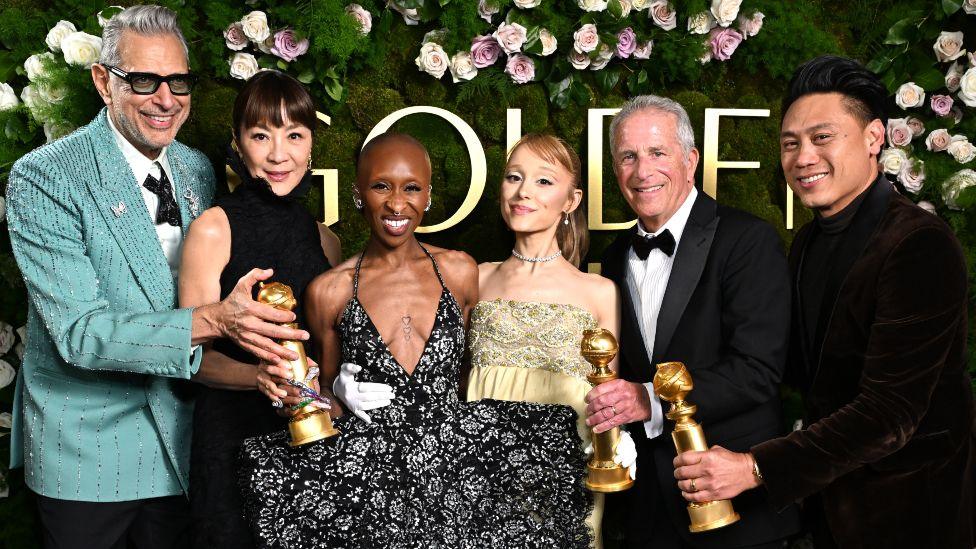 Jeff Goldblum, Michelle Yeoh, Cynthia Erivo, Ariana Grande, Marc Platt, and Jon M. Chu attend Moët & Chandon At The 82nd Annual Golden Globe Awards at The Beverly Hilton on January 05, 2025 in Beverly Hills, California