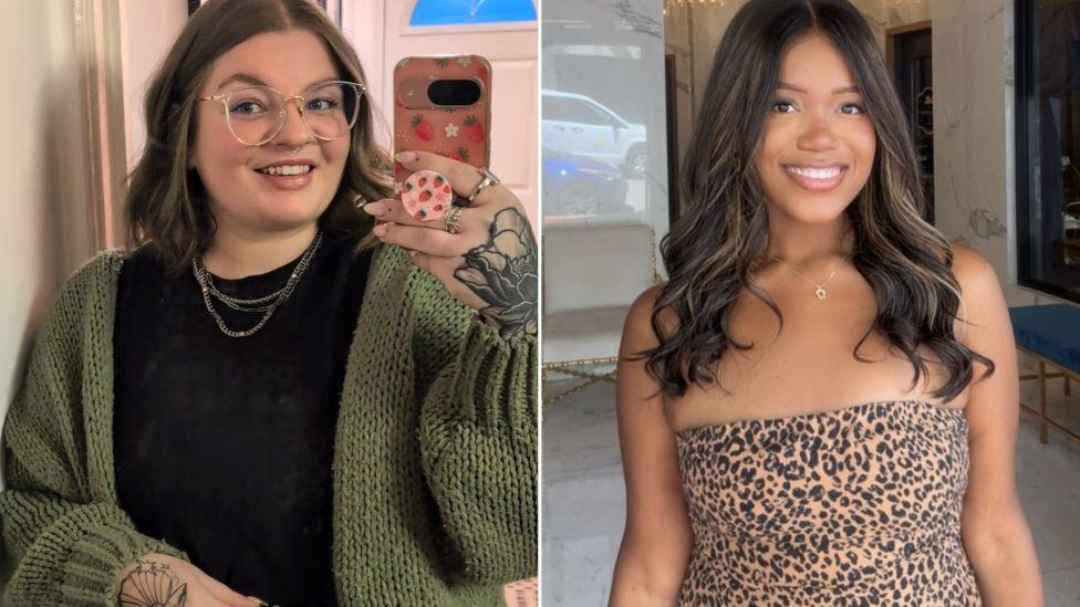 Composite image of two photos of different woman: A woman in a black outfit, green cardigan and glasses smiles as she takes a selfie on her phone in a mirror in a house; A woman in a leopard-print dress and long brown hair smiles at the camera