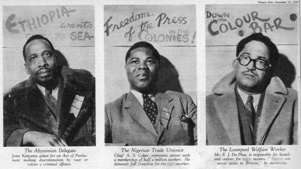 The first page of an article by Hilde Marchant in Picture Post covering the the Fifth Pan-African Congress in Manchester, 15th - 21st October 1945. The 'Abyssinian delegate', Jomo Kenyatta (top right) later became president of the Republic of Kenya