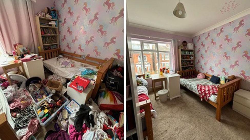 One of the bedrooms before the charity visited covered in clothes (left) and after (right) 