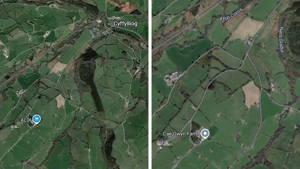 On the left is a Google Maps view of the area with an Aldi symbol, and on the right is the view of the same view on Maps now, with Cae Gwyn Farm in place of Aldi