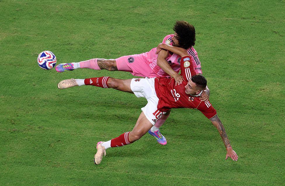 Al Ahly's Nejc Gradisar is challenged by Inter Miami's Maximiliano Falcon during the FIFA Club World Cup 2025 group A match in Florida. Photo by Sandra Montanez