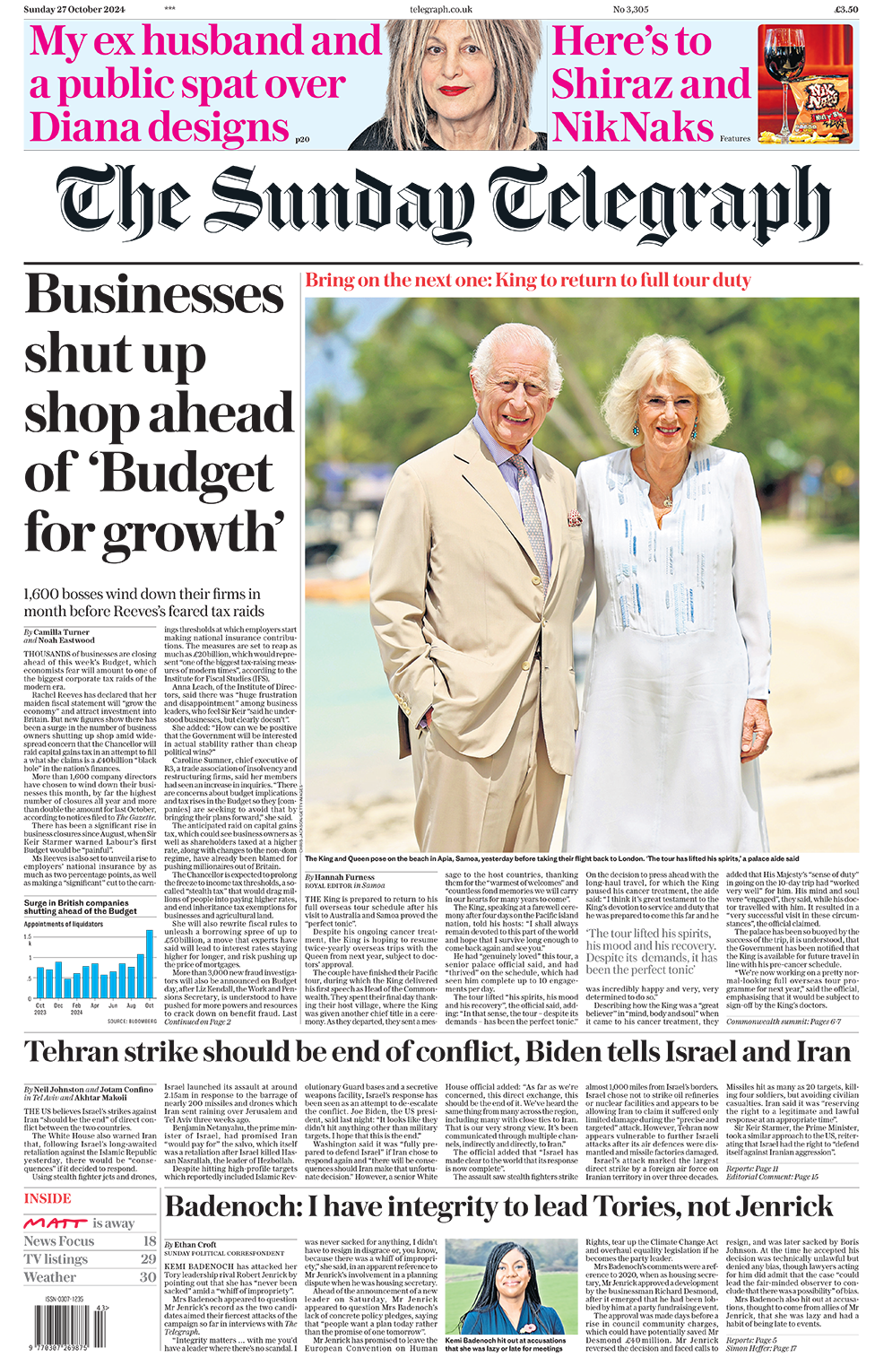 The main headline on the front page of the Sunday Telegraph reads: "Businesses shut up shop ahead of 'Budget for growth'"