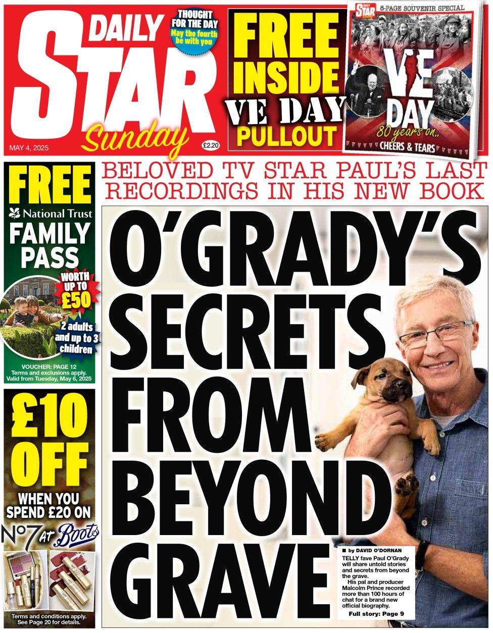 The headline in the Daily Star reads: O'Grady's secrets from beyond the grave