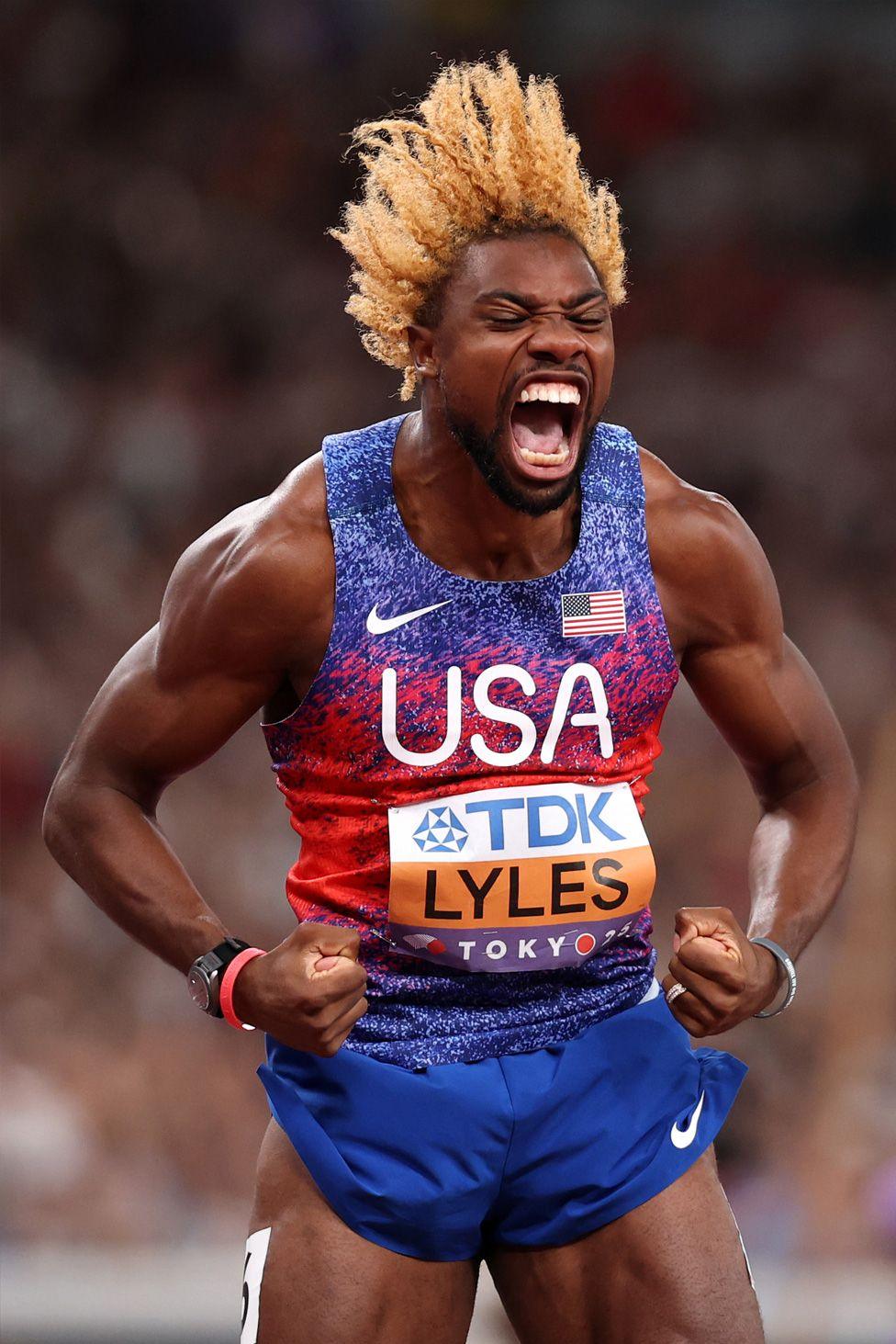 United States' Noah Lyles celebrates victory in the men's 200m final on day seven of the World Athletics Championships