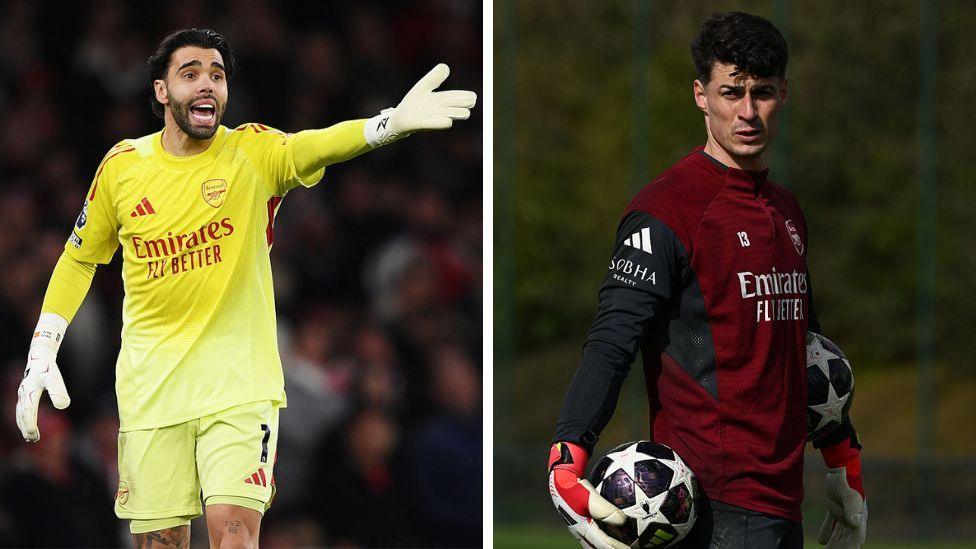 Composite image showing David Raya (left) in action during a match and Kepa Arrizabalaga holding a ball in training.