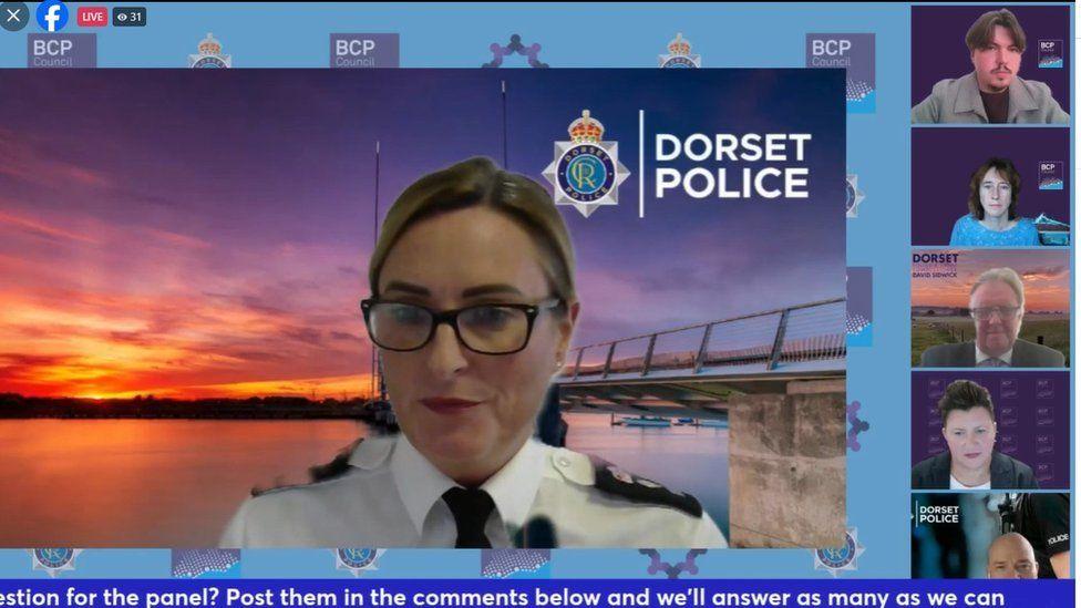 Screengrab of a Facebook Live page with police officer Ch Supt Heather Dixy in the main window and others in windows down the right of the screen