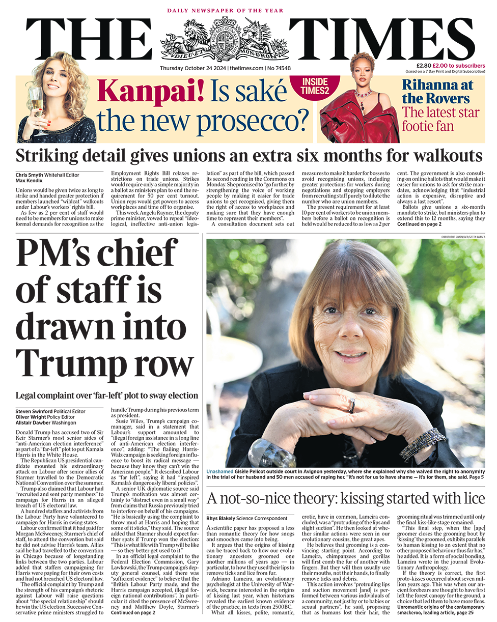 The headline in the Times reads: "PM's chief of staff is drawn into Trump row". 