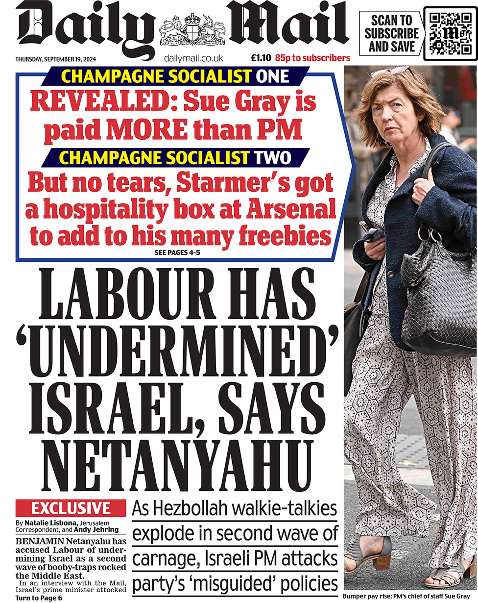 "Labour has 'undermined' Israel, says Netanyahu" reads the Daily Mail