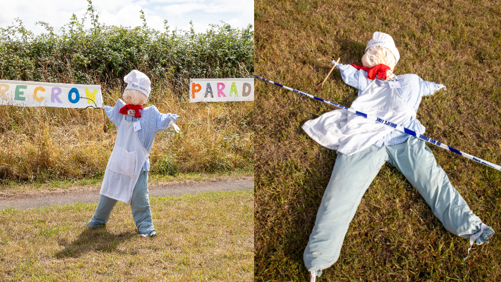 The left hand side of the image shows a chef scarecrow standing prior to the vandalism, the right hand side shows the same scarecrow on the ground after being vandalised.