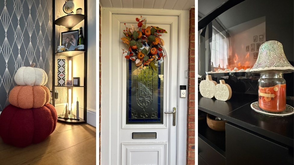 Three photos side by side. On the left is the corner of a living room, with a three tier, orange pumpkin cushion against a grey wall, and a corner cabinet with various decorations and photo frames on it. In the middle is a white front door with a glass pane and an orange, autumnal wreath hanging. And on the right is a black fireplace with a beige pumpkin decoration on front and an orange candle sat on a black cabinet.