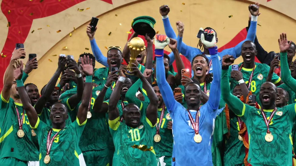 Senegal players celebrate after winning the 2025 Africa Cup of Nations trophy