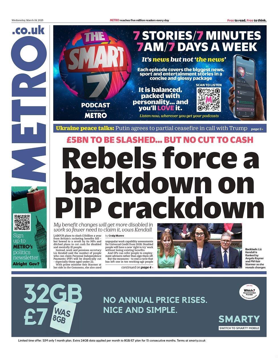 Front page of the Metro paper for Wednesday 19 March 2025.