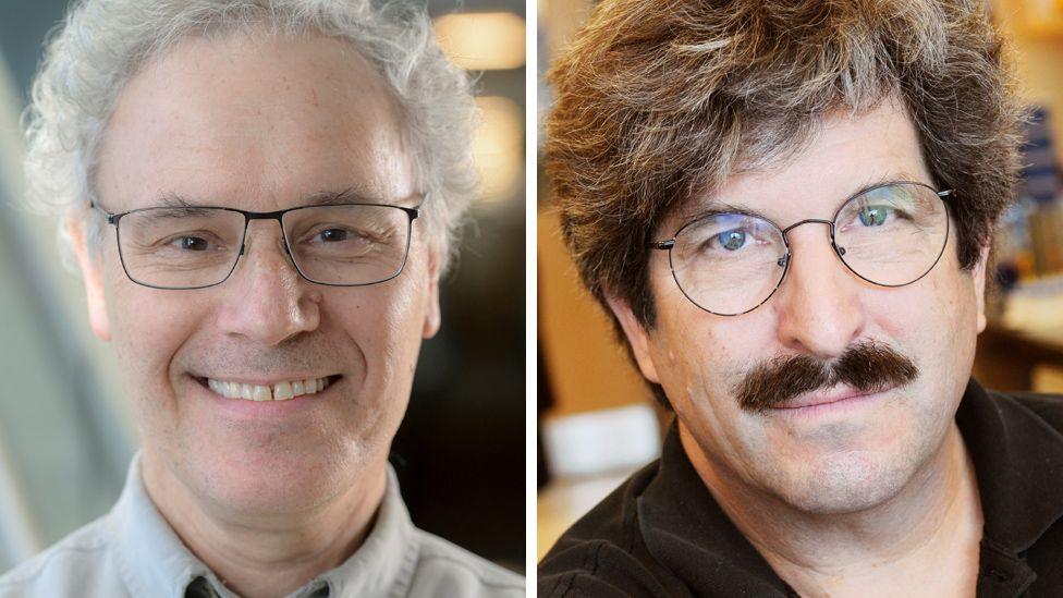 Profile pictures of Victor Ambros and Gary Ruvkun placed side by side. Victor is smiling with a head of grey curly hair while Gary is sporting darker hair tinged with grey and a dark brown moustache. 