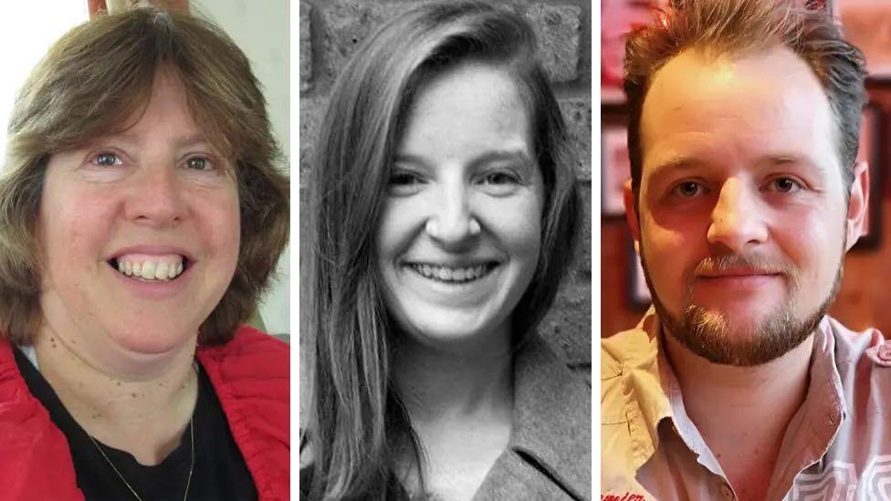 Three pictures of the three victims. Tina Ince with brown hair and red and black top. A black and white photo of Alex Britton, And Tom Watson with a brown beard and brown hair and light shirt