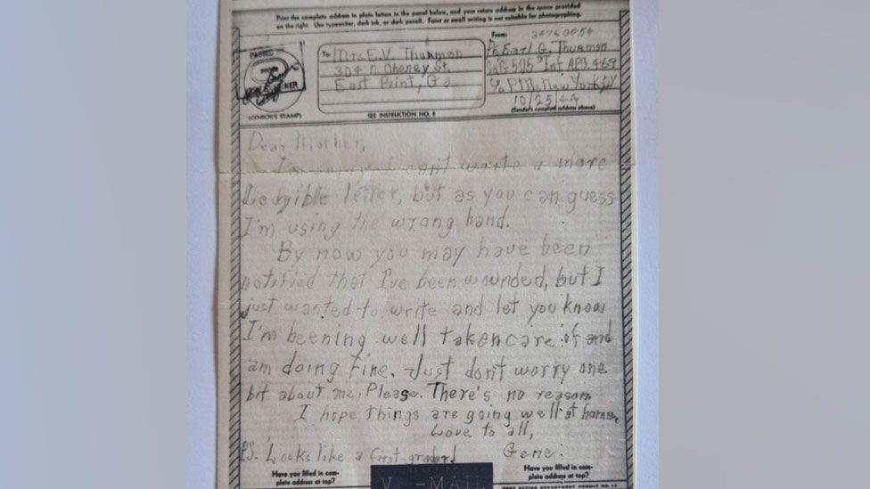 A letter written in pencil dated 25 October 1944. It is addressed to Dear Mother and is written with careful blocking of letters. It was written by Earl Thurman to his mother after his injury.