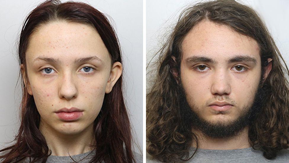 Police mugshots of Scarlett Jenkinson, who has shoulder length hair dyed dark red, and Eddie Ratcliffe, who has shoulder length curly brown hair and a short beard