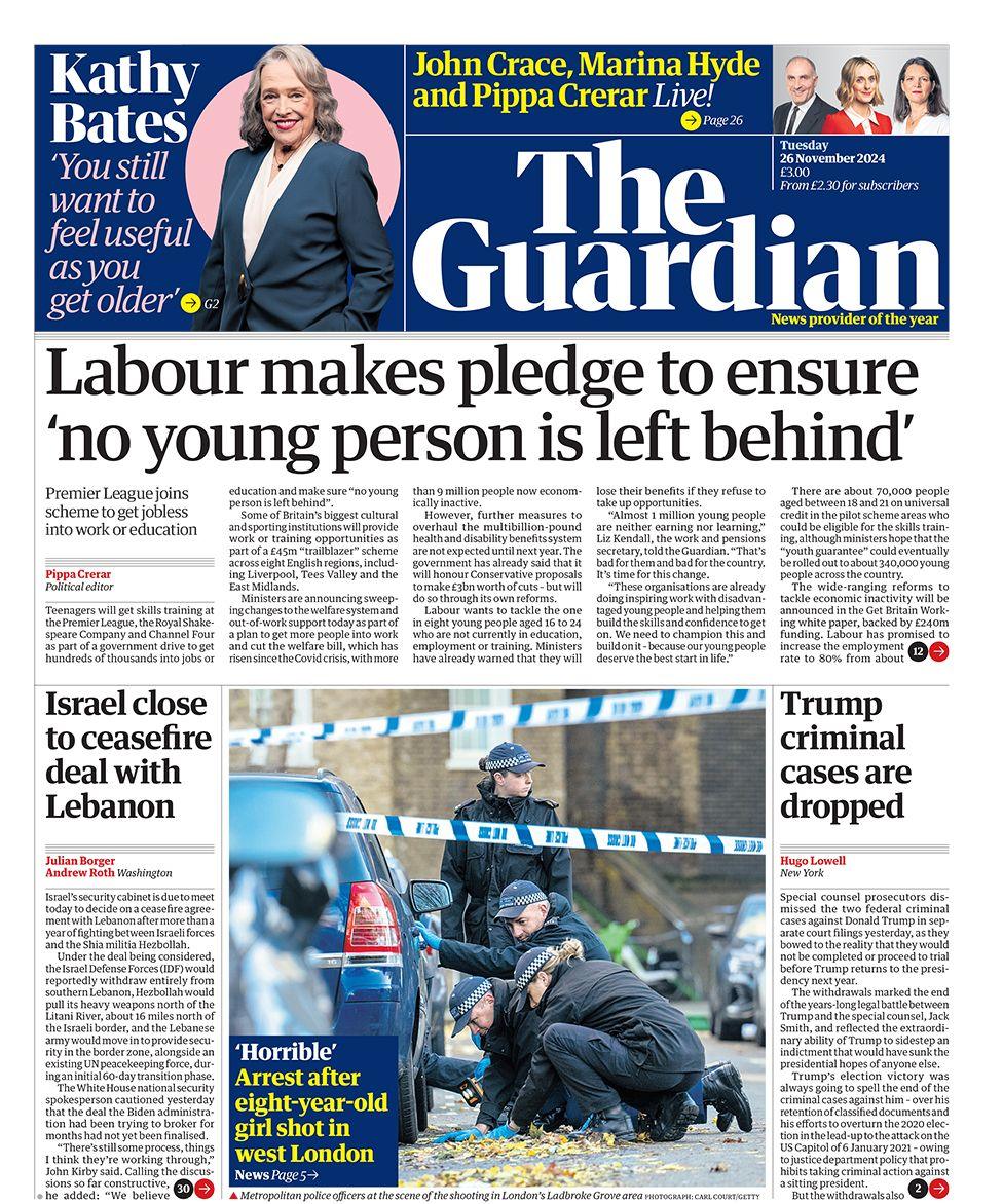 The headline in the Guardian reads: "Labour makes pledge to ensure 'no young person is left behind'"