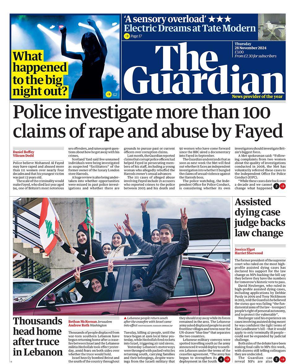 The headline in the Guardian reads: "Police investigate more than 100 claims of rape and abuse by Fayed"