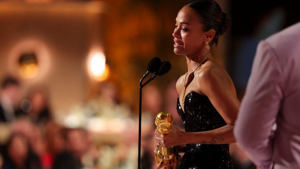 Zoe Saldana during the 82nd Annual Golden Globes held at The Beverly Hilton on January 05, 2025 in Beverly Hills, California.