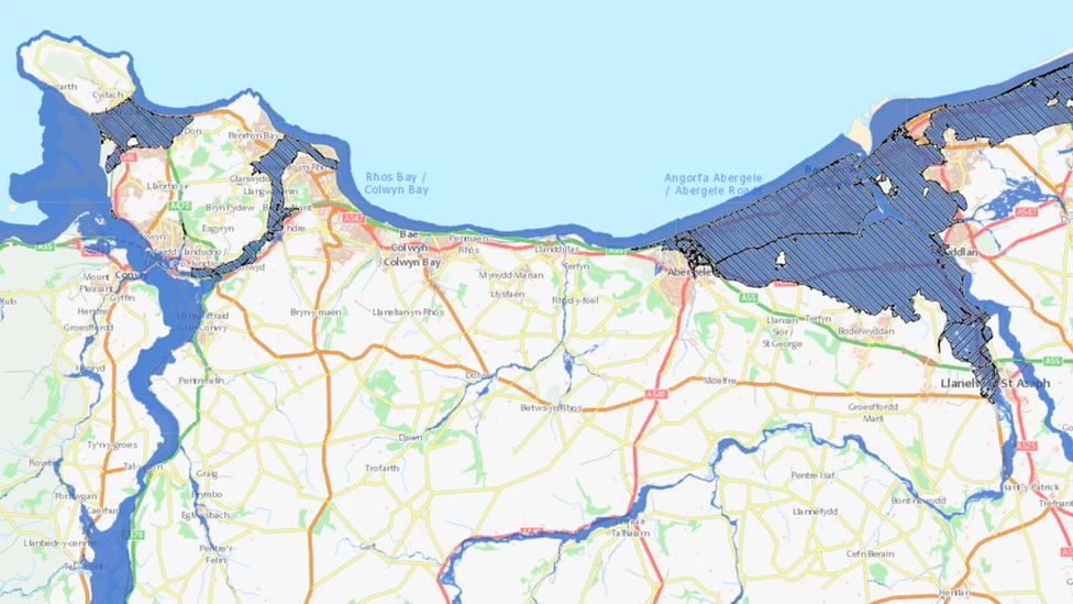 A Natural Resources Wales flood map for part of the North Wales coast stretching from Conwy to St Asaph. Areas shades in blue show communities liable to flooding in future as a result of increasing sea levels and extreme weather.