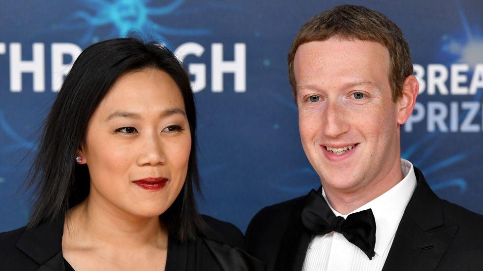 Mark Zuckerberg (right) and wife Priscilla Chan, pictured together dressed smartly at the 2020 Breakthrough Prize Ceremony at NASA Ames Research Center