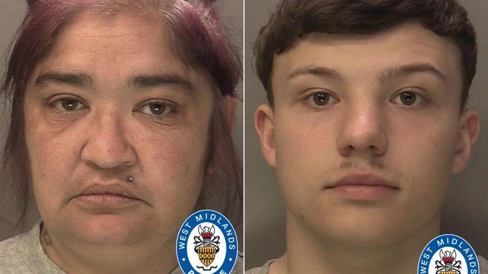 A composite image police mugshots of Antoinette Sheppard and Kieron Spicer. She has red hair and is wearing a grey top. He has brown hair and is brown hair and is wearing a grey top.