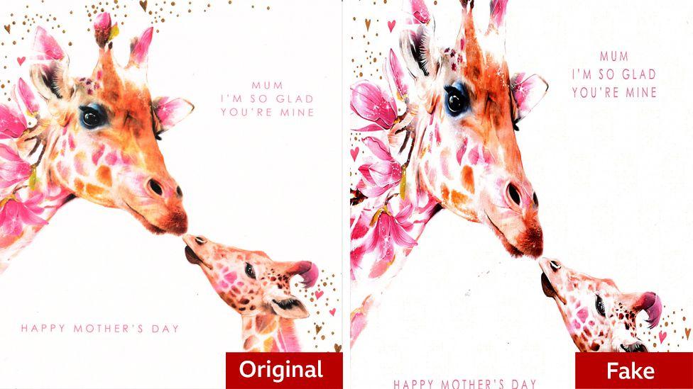 Two versions of the same design of Mother's Day card with the one on the left marked as original and the one on the right marked as fake. The card shows a big giraffe painted in oranges and pinks a little giraffe. It has the words Mum I'm so glad you're mine, Happy Mother's Day. The fake image is distorted and poor quality.