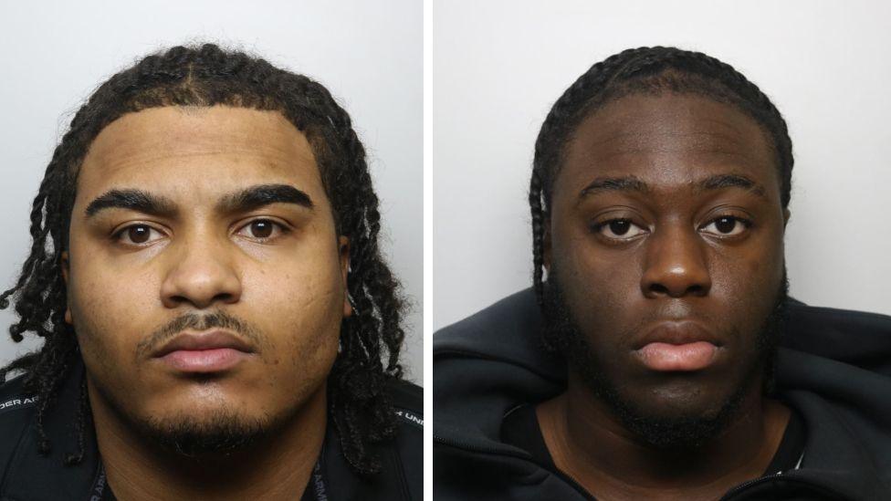 Zachariah Talbert Young's mugshot on the left. He has thick eyebrows, brown eyes and a small moustache. His hair is twisted in shoulder length braids and he is wearing a black jumper, standing against a grey background. Paul Elijah Hayden's mugshot is on the right. He has brown eyes and a cornrow hairstyle. He is wearing a black hoodie and standing against a grey background.