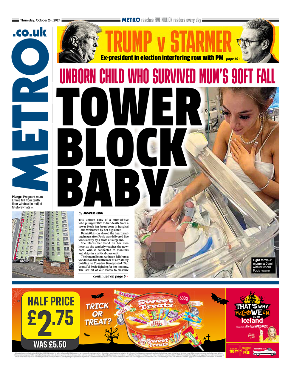 The headline in the Metro reads: "Unborn child who survived mum's 90ft fall". 